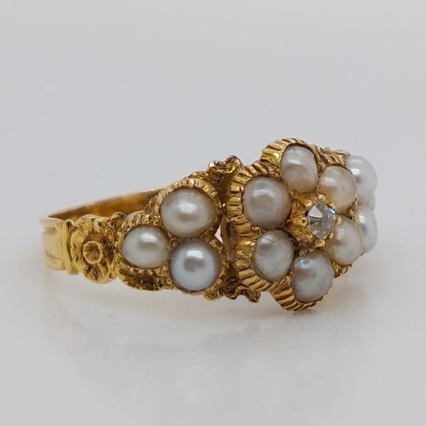 Antique Georgian Natural Pearl and Old Mine Cut Ring