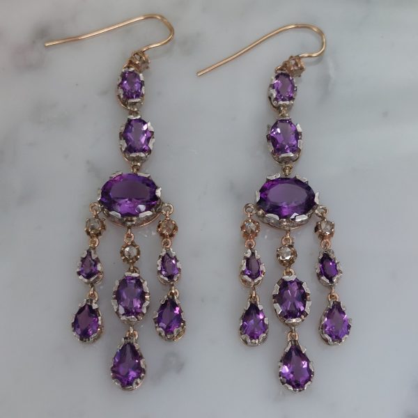 Antique Style Amethyst and Rose Cut Diamond Chandelier Earrings
