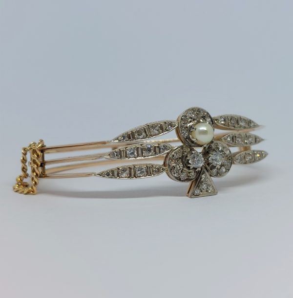 Art Deco Antique Diamond and Pearl Ace of Clubs Bangle Bracelet