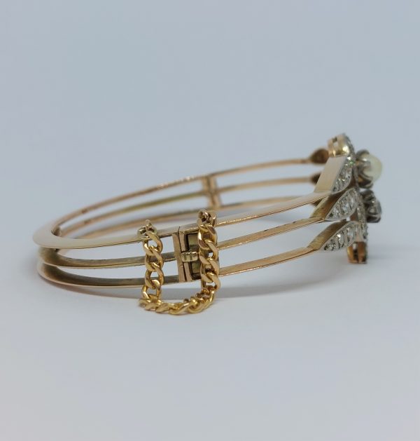 Art Deco Antique Diamond and Pearl Ace of Clubs Bangle Bracelet