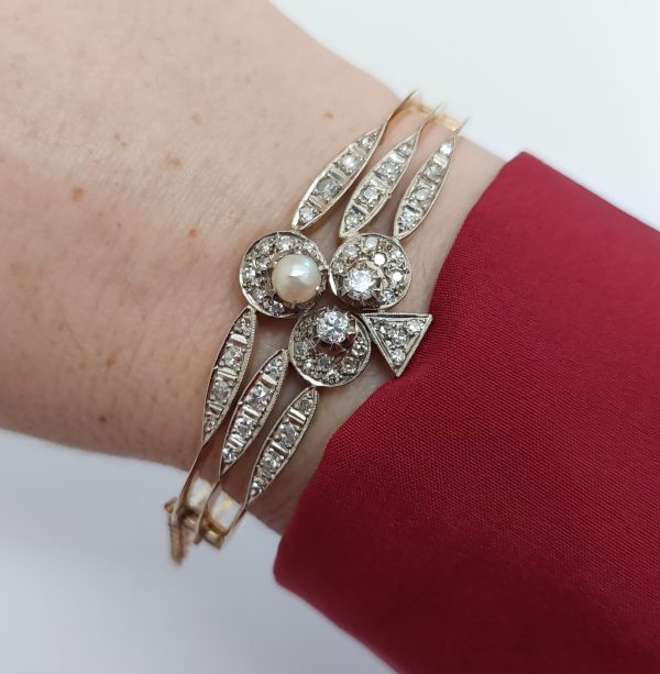 Art Deco Antique Diamond and Pearl Ace of Clubs Bangle Bracelet