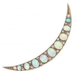 Antique Victorian Opal and Diamond Crescent Brooch Circa 1890