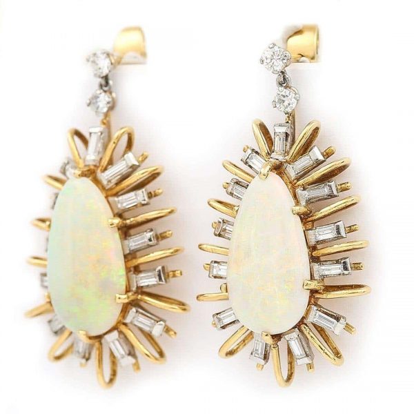 Vintage 18ct Gold Large Star Burst Opal and Diamond Drop Earrings, Circa 1960