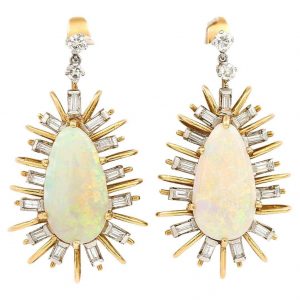 Vintage 18ct Gold Large Star Burst Opal and Diamond Drop Earrings, Circa 1960