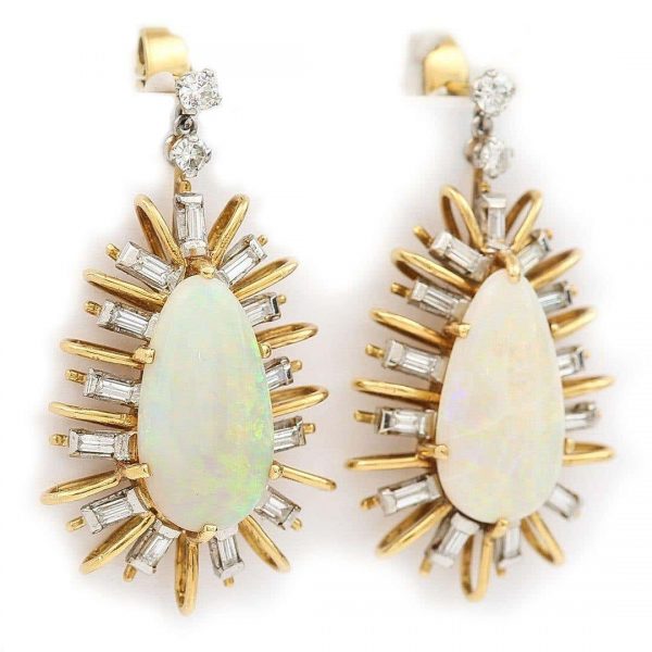Vintage 18ct Gold Large Star Burst Opal and Diamond Drop Earrings, Circa 1960