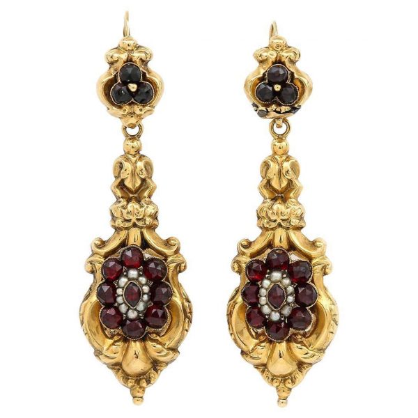 Antique Late Georgian 18ct Gold Garnet Cluster and Seed Pearl Drop Earrings