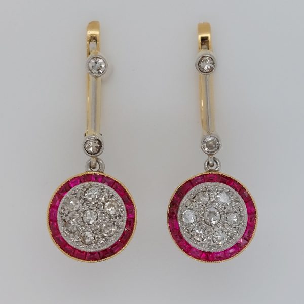 French Antique Art Deco Ruby and Diamond Target Drop Earrings