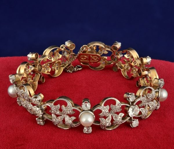 Antique Art Nouveau 9.50ct Old Mine Cut Diamond and Natural Pearl Bracelet
