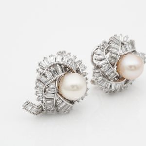 Vintage 7.00ct Diamond and 9.5mm Pearl Platinum Earrings