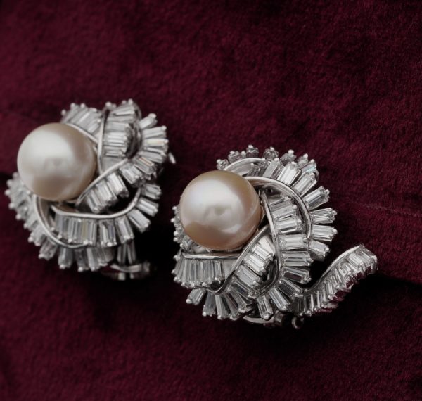 Vintage 7.00ct Diamond and 9.5mm Pearl Platinum Earrings