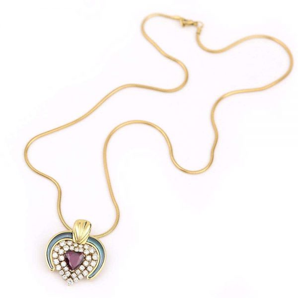 Vintage Ruby, Diamond and Blue Enamel 18ct Yellow Gold Heart Pendant