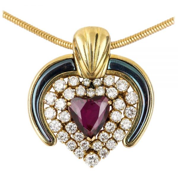Vintage Ruby, Diamond and Blue Enamel 18ct Yellow Gold Heart Pendant