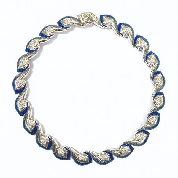 3.58ct Diamond and Blue Enamel 18ct White Gold Necklace