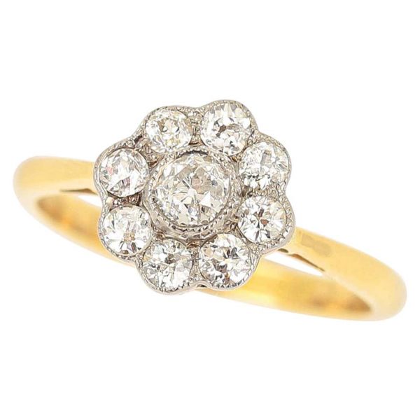 Vintage 18ct Gold Old Cut Diamond Daisy Cluster Ring