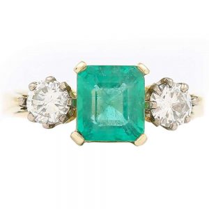 Vintage 1.48ct Emerald and 0.60ct Diamond Three Stone Ring, 18ct Yellow Gold