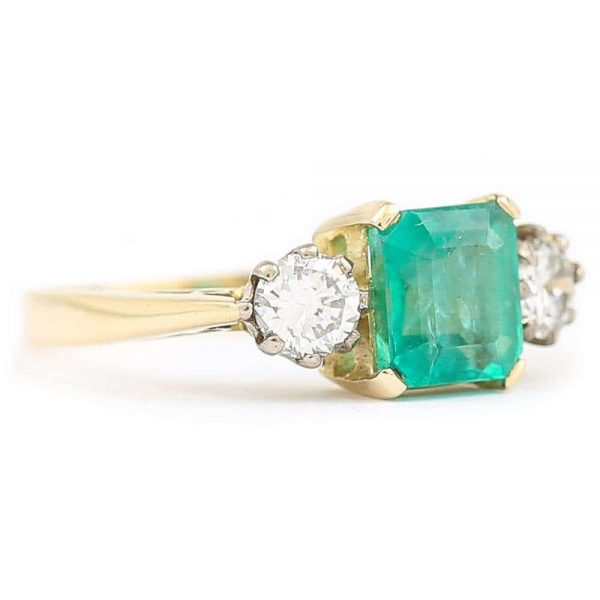 Vintage 1.48ct Emerald and 0.60ct Diamond Three Stone Ring, 18ct Yellow Gold