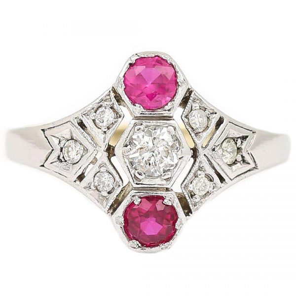 Vintage Art Deco Ruby and Diamond Three Stone Ring