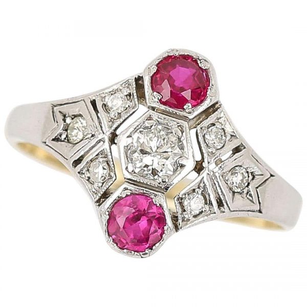 Vintage Art Deco Ruby and Diamond Three Stone Ring