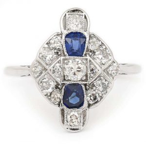 ART DECO Jewellery UK Vintage Art Deco Platinum and 18ct Gold Sapphire and Diamond Plaque Ring, Circa 1925