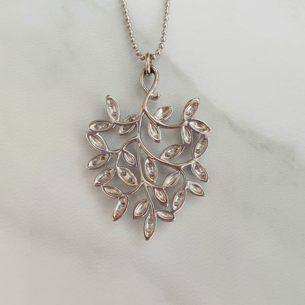 Tiffany & Co Diamond Set Olive Leaf 18ct White Gold Pendant and Chain
