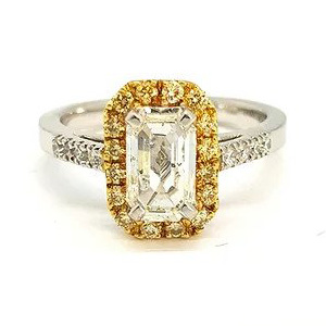 1.14ct Emerald Cut Diamond Ring with Yellow Diamond Halo Cluster