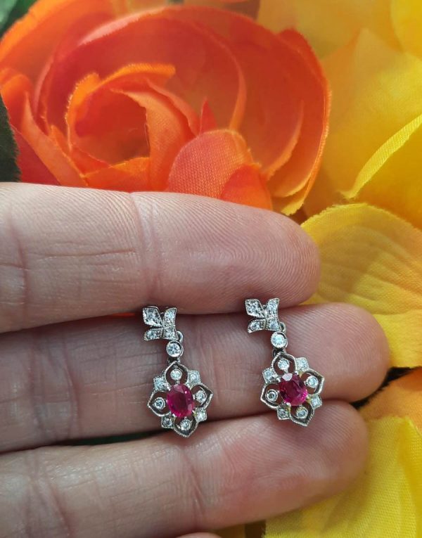 Edwardian Style Ruby and Diamond Cluster Drop Earrings
