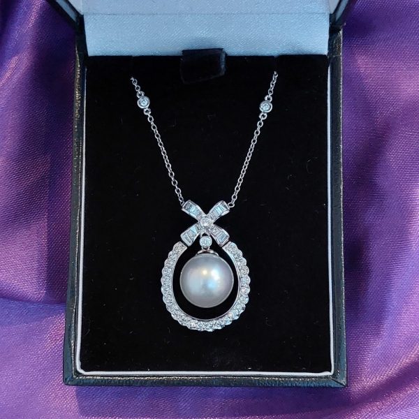 South Sea Pearl and Diamond Cluster Drop Pendant, 1.40 carats