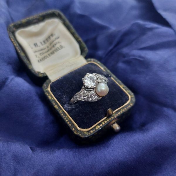 Antique Belle Epoque Natural Pearl and Old Cut Diamond Ring in Platinum