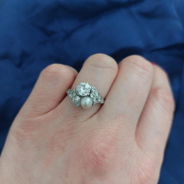 Belle Epoque Natural Pearl and Old Cut Diamond Ring in Platinum