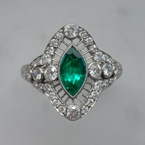 Colombian Emerald and Diamond Navette Cluster Ring