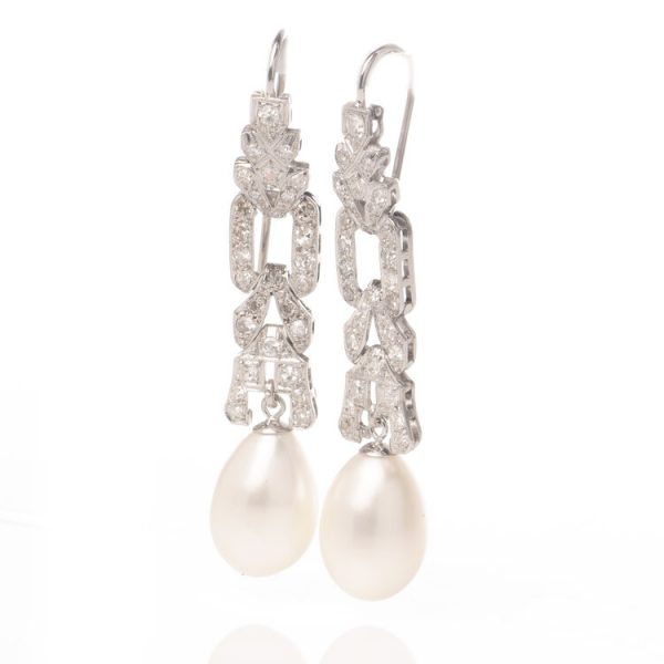 Vintage 1970s South Sea Pearl and Diamond Drop Earrings in Platinum