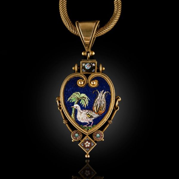 Antique 19th Century Italian 18ct Gold and Micro Mosaic Pendant Necklace