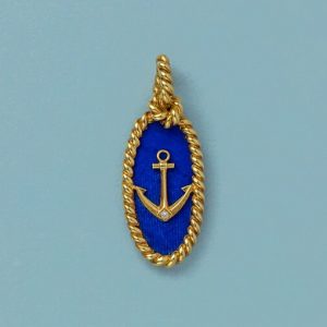 Vintage Van Cleef and Arpels Gold Anchor Nautical Pendant with Sodalite and Diamond, Signed and Numbered, Circa 1970