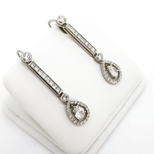 Vintage Diamond Long Drop Cluster Earrings, 1.85 carats