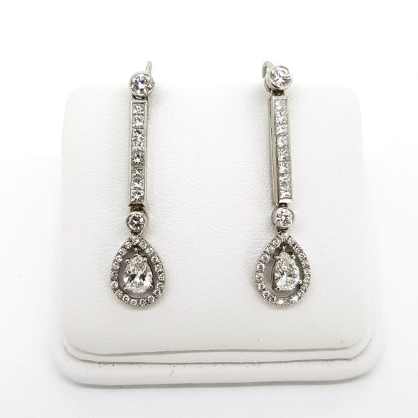 Vintage Diamond Long Drop Cluster Earrings, 1.85 carat total