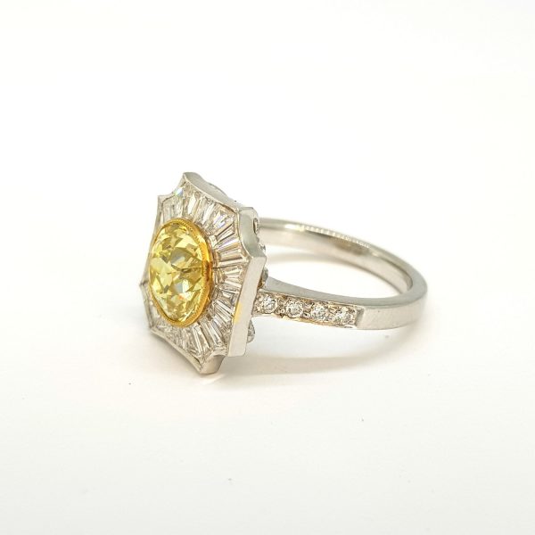 Fancy Yellow Diamond and Tapered Baguette White Diamond Cluster Ring, 2.03 carats
