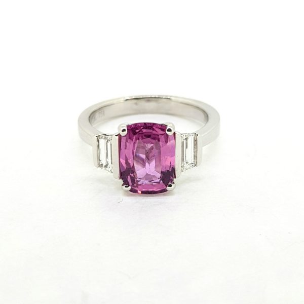 2.19ct Pink Sapphire and Baguette Diamond Trilogy Ring