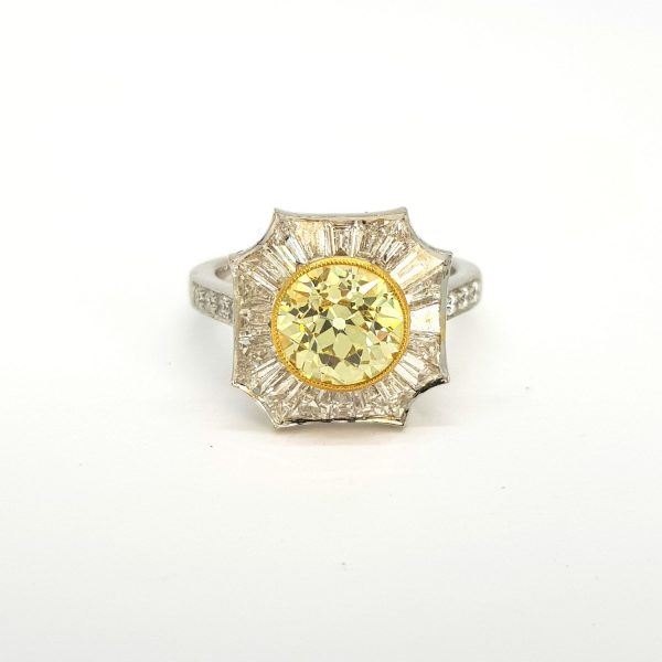 2.03ct Fancy Yellow Diamond and Tapered Baguette White Diamond Cluster Ring