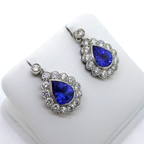 3.10ct Tanzanite and Diamond Pear Cluster Drop Earrings