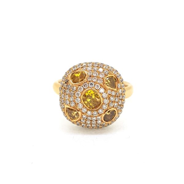 Contemporary Yellow and White Diamond Bombe Cluster Ring
