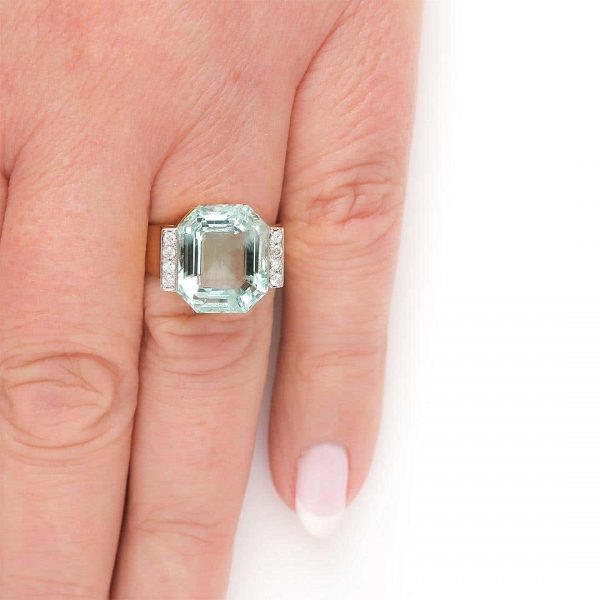 Vintage 14ct Gold 11.26ct Aquamarine and Diamond Art Deco Style Ring