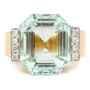 Vintage 14ct Gold 11.26ct Aquamarine and Diamond Art Deco Style Ring