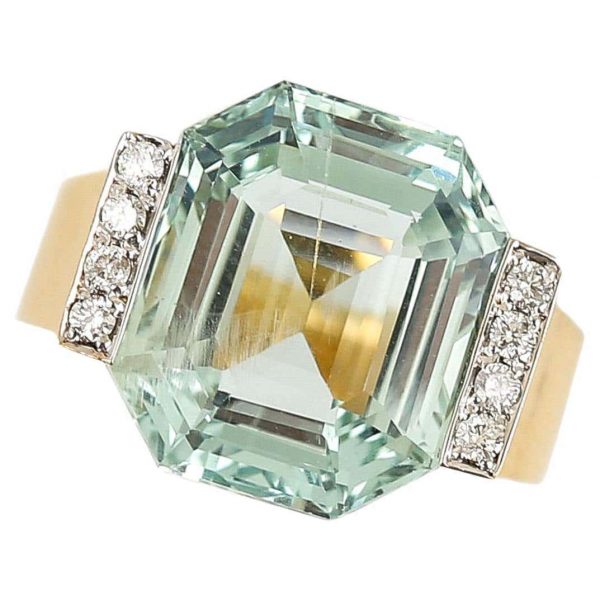 Vintage 14ct Gold 11.26ct Aquamarine and Diamond Art Deco Style Ring