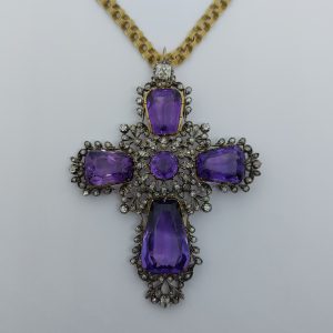 Antique Amethyst and Old Cut Diamond Cross Pendant and Chain