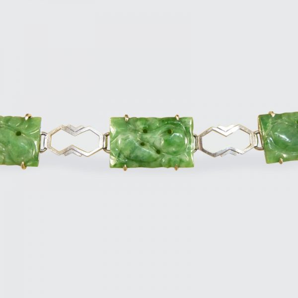 Antique Art Deco Carved Jade Link Bracelet in Original Box