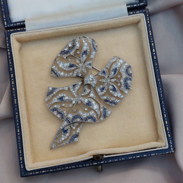Antique Edwardian Diamond Sapphire Butterfly Bow Brooch
