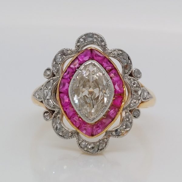 Antique Edwardian Old Marquise Cut Diamond and Ruby Ring JD1