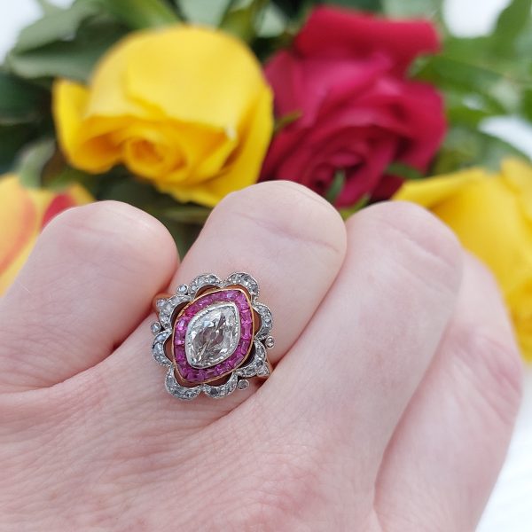 Antique Edwardian Old Marquise Cut Diamond and Ruby Ring JD5