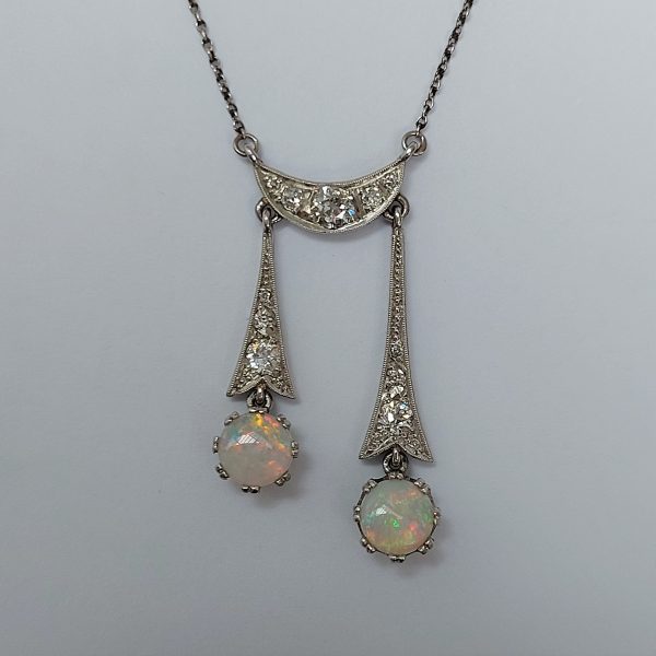 Antique Edwardian Opal and Diamond Negligee Pendant Drop Necklace
