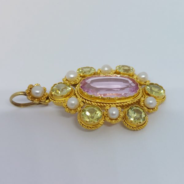 Antique Georgian Topaz and Pearl Gold Cannetille Pendant